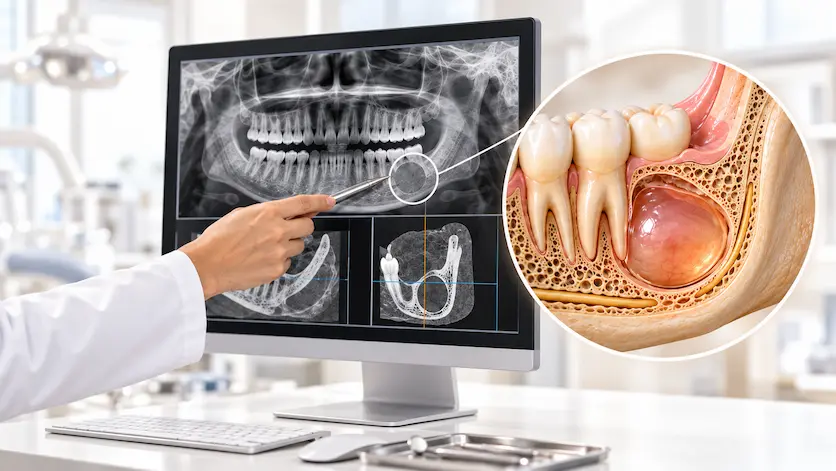 Diagnóstico de quiste en la mandíbula mediante radiografía y evaluación clínica – Dra. Carolina Gil, cirujana oral y maxilofacial en Bogotá, Colombia